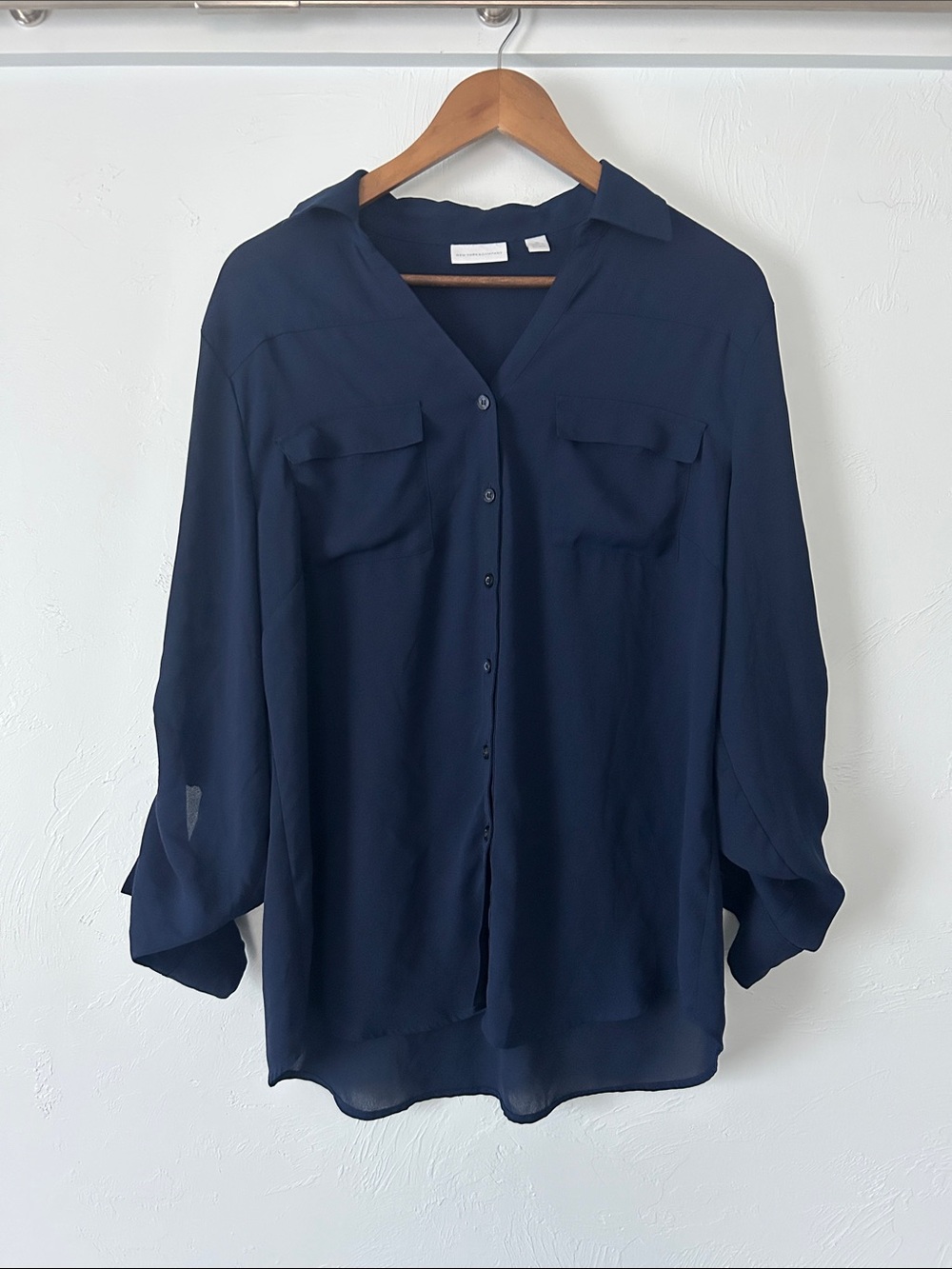 New York & Company Navy Button-Down Shirt Blouse